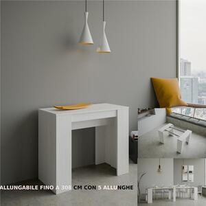 Tavolo Consolle Allungabile Big Basic fino a 308 cm con 5 elementi da 52 cm, tutto in legno di Frassino 90x48xh77 cm colore bianco frassino