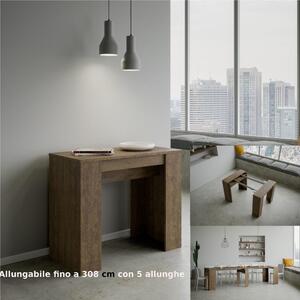 Tavolo Consolle Allungabile Big Basic fino a 308 cm con 5 elementi da 52 cm, tutto in legno di Frassino 90x48xh77 cm colore noce