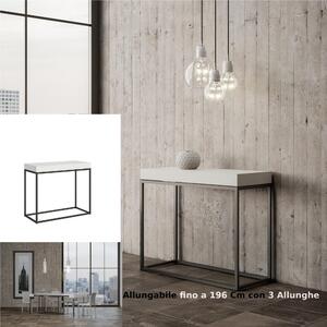 Tavolo Consolle Allungabile Small Bianco NORDICA 90x40xh77 cm Fino a 196 cm con tre elementi da 52 cm, tutto in legno di Frassino Piano bianco Telaio antracite