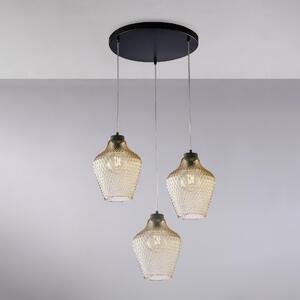 Sospensione Maya �47xH35-135 cm, Ambra, 3 luci E27 - 55 Watt Max, Ferro Laccato Nero con Diffusori in Vetro Soffiato