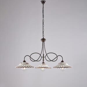 Lampadario in ferro laccato NERO RUGGINE e decorazione effetto decap� A 3 luci MOD BISTROT Dimensioni 89x30xh 115 cm allungabile fino a 96 diffusori in vetro bianchi e MARRONE