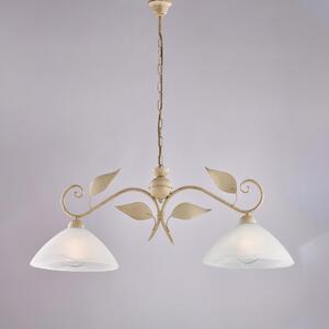 Lampadario Esse in Ferro Laccato Avorio e Oro Antico, 96x30xH36-96 cm, 2 luci E27 - 55 Watt Max, con Diffusori in Vetro Alabastro Bianco - Colore Avorio Oro