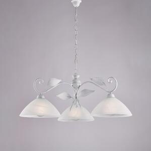 Lampadario Esse H.36 - MAX 96 - �79 cm, Bianco Argento, in Ferro Laccato con Decorazioni Argento Antico e Vetri Alabastro Bianchi
