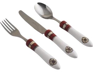 Posate con manico in Ceramica bianca dipinta a mano POMPEI Set 3 pezzi Il manico � decorato con miniature di frutta in toni di bruno e riccioli di blu antico- posate