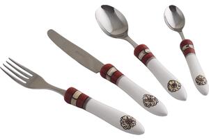 Posate con manico in Ceramica bianca dipinta a mano POMPEI Set 4 pezzi Il manico � decorato con miniature di frutta in toni di bruno e riccioli di blu antico