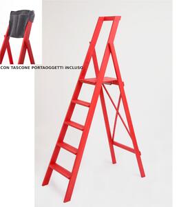 Scala in Legno sei gradini richiudibile BIBO 5 in Faggio Massello Dimensioni h100 cm 57x11x188 cm Peso 10 Kg Con Tascone Porta Attrezzi colore Rosso