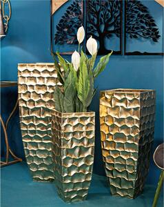 Set di 3 vasi in metallo dorato con eleganti decorazioni circolari in rilievo. NAIROBI, h 94-h 76-h 63 cm colore dorato