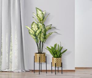 Portavasi coppia in metallo dorato Con intagli Foglie, HOLDER GOLVY Dimensioni � 21xh38 - 19xh28 cm portavasi e piedistallo in metallo oro