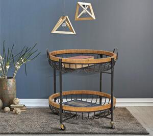 Carrello rotondo con struttura in metallo nero Dimensioni 57x55,5x62,5 cm Struttura con 2 ripiani e cestini e Rattan