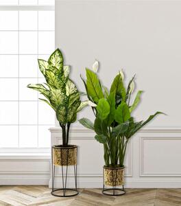 Portavasi coppia in metallo dorato Con intagli Foglie, HOLDER GOLVY Dimensioni � 21xh40 - 19xh22 cm portavasi e piedistallo in metallo oro