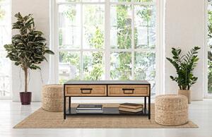 Mobile porta Tv con struttura e ripiano in metallo nero con 2 cassetti, HANOI, Dimensioni 95x38xh 38 cm Lavorazione legno rattan