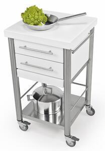 Carrello da cucina in pietra acrilica bianca con due cassetti tagliere aggiuntivo, dimensioni 50x50x h 90 cm peso 35 kg con tagliere pietra acrilica bianca