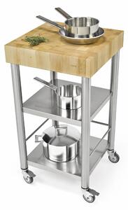 Carrello da cucina in acciaio inox con due ripiani inferiori e senza cassetto dimensioni 50x50x h 90 cm peso 31 kg con carpino bianco tassellato