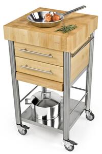 Carrello da cucina in acciaio inox con due cassetti piani , dimensioni 50x50x h 95 cm peso 49 kg con tagliere piano di lavoro carpino carpino bianco tassellato