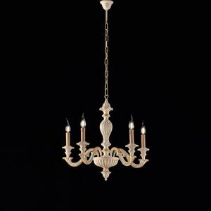 Lampadario Leonardo in Legno Avorio e Foglia Oro �53xh57-117 cm, 5 Luci E14 - 42 Watt Max, Colore Avorio Foglia Oro