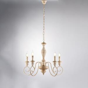Lampadario Cascina in Legno e Ferro, Bianco Tortora, �60xH55-115 cm, 5xE14 - 42W Max