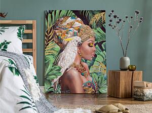 Dipinto su tela, quadro, donna seduta con un pappagallo KLOE 90x3x h 120 cm decoro raffigurante il volto di donna multicolore