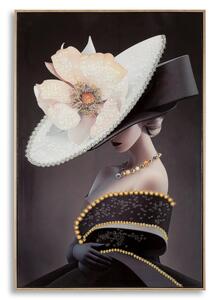 Dipinto su tela completo di telaio in legno e cornice in metallo oro WIEN HAT -B Dimensione 62x3,5x92 cm donna che indossa un grande cappello con fiore
