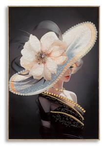 Dipinto su tela completo di telaio in legno e cornice in metallo oro WIEN HAT -A Dimensione 62x3,5x92 cm donna che indossa un grande cappello con fiore