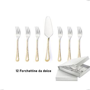 Confezione a libro 13 pezzi, forchettine pi� paletta dolce Firenze oro, acciaio 18-10, oro 24 carati , spessore 2.5 mm- posate
