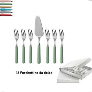 Confezione a libro 13 pezzi, forchettine pi� paletta dolce macarons, Acciaio inox 18.10 manici in acrilico inox lucido