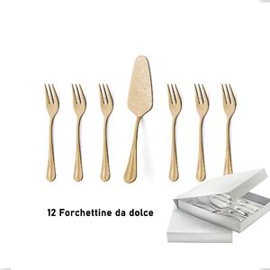 Confezione a libro 13 pezzi, forchettine pi� paletta dolce Royal Retr� PVD Gold, Acciaio 18/10 antico, spessore 2.5 mm, pvd oro