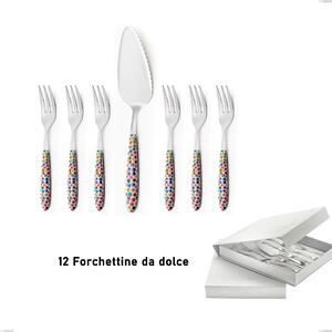 Confezione a libro 13 pezzi, forchettine pi� paletta dolce vero coriandoli, acciaio 18.0 nickel free, manicatura pbt sublimato acciaio lucido