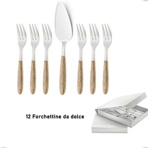 Confezione a libro 13 pezzi, forchettine pi� paletta dolce vero pino, acciaio 18.0 nickel free, manicatura pbt sublimato acciaio lucido