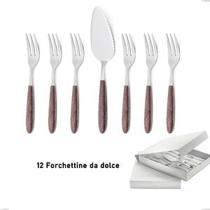 Confezione a libro 13 pezzi, forchettine pi� paletta dolce vero noce, acciaio 18.0 nickel free, manicatura pbt sublimato acciaio lucido