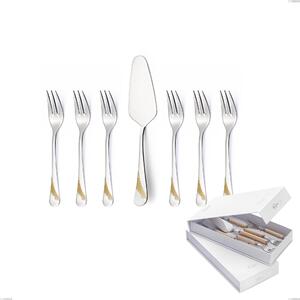 Confezione a libro 7 pezzi, forchettine pi� paletta dolce Milano Inciso Oro , 18/10 (AISI304) finitura inox lucido e oro, spessore 2,5 mm