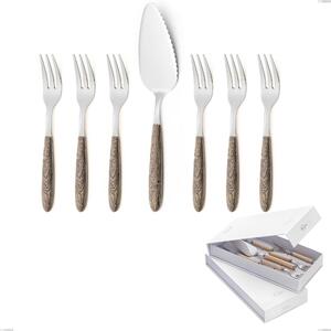 Confezione a libro 7 pezzi, forchettine pi� paletta dolce vero larice, acciaio 18.0 nickel free, manicatura pbt sublimato acciaio lucido