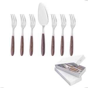 Confezione a libro 7 pezzi, forchettine pi� paletta dolce vero noce, acciaio 18.0 nickel free, manicatura pbt sublimato acciaio lucido