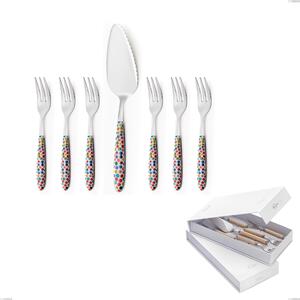 Confezione a libro 7 pezzi, forchettine pi� paletta dolce vero coriandoli, acciaio 18.0 nickel free, manicatura pbt sublimato acciaio lucido