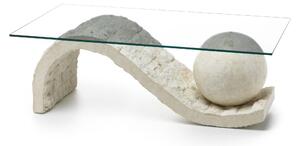 Tavolino Onda Linea Stone Decor E5, 120x70xH37 cm, Colore Vetro Trasparente, Gambe Base Beige, Materiale Top Vetro Temperato Filo Lucido, Gambe Base Pietra Fossile White Agata, Struttura Gambe Compensato Marino