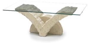 Tavolino Stone Decor E5 120x70xH40 cm, Vetro trasparente, Top in Vetro temperato filo lucido, Base in Pietra fossile white agata, Struttura Gambe in Compensato marino