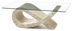 Tavolino Stone Decor E5 120x70xH36 cm, colore top bianco grigio, base antracite, materiale top vetro temperato filo lucido, base pietra fossile agata bianca, struttura gambe compensato marino