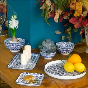 Piatti piani set pezzi 4 impilabili in porcellana COIMBRA Diametro 27xh2,5 cm impilabile ed adatto alla lavastoviglie bianco e blu