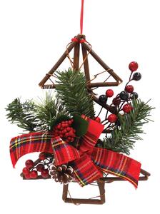 Figura natalizia rosso e verde e marrone albero con pigne e fiocco in multi-materiale H 29 cm