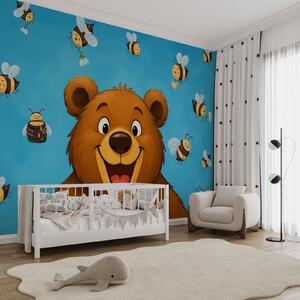Carta da parati Orso dei cartoni animati con delle api che gli volano intorno, Carta da parati per Bambini, Carta da parati popolare, w03969 - Tapeko.it