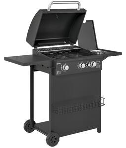 Outsunny Barbecue a Gas con Bruciatori Indipendenti, Coperchio con Termometro e Tavolino Laterale, Nero