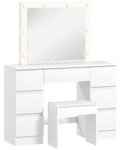 HOMCOM Toeletta Trucco con Specchio Stile Hollywood, 8 Luci LED, 7 Cassetti e Sgabello Imbottito, Bianco | Aosom Italy