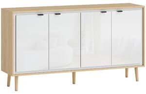 HOMCOM Credenza Moderna a 4 Ante con Ripiano Regolabile, 141x35x77 cm, Bianco Lucido e Rovere | Aosom Italy