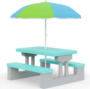 Spielwerk® Set Tavolo e 2 Panche per Bambini con Ombrellone da Giardino Sistema a Incastro in Plastica ABS Celeste Sedie Picnic Esterno Cameretta Interno Bimbi Giochi