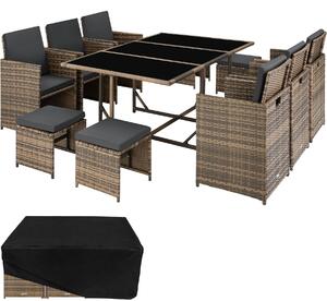 Tectake set da giardino in rattan malaga, 6+4+1 con copertura protettiva
