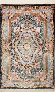 Tappeto Ghom Seta Persia Medaglione Nero Multicolore Pastello 59x90 Cm