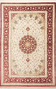 Tappeto Ghom Seta Persia Medaglione Crema Rosso 154x233 Cm