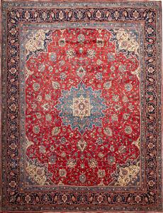 Tappeto Sarough Persia Medaglione Rosso Blu 306x395 Cm