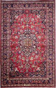 Tappeto Mashad Persia Medaglione Rosso Blu Scuro 204x325 Cm