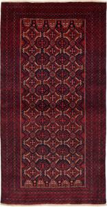 Tappeto Baluch Persia Geometrico Rosso Bordeaux Blu Scuro 108x208 Cm