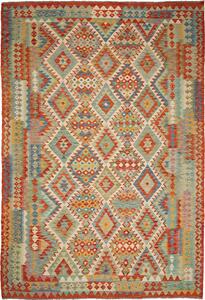 Tappeto Kilim Afghanistan Geometrico Rosso Azzurro 204x294 Cm